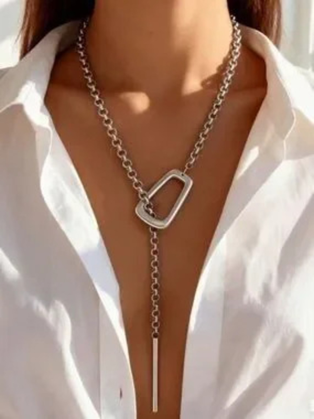Silver Geometric Lariat Necklace